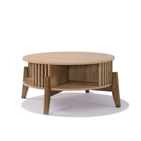 31.5 in. Brown Round Manufactured Wood Coffee Table with Rubberwood Legs