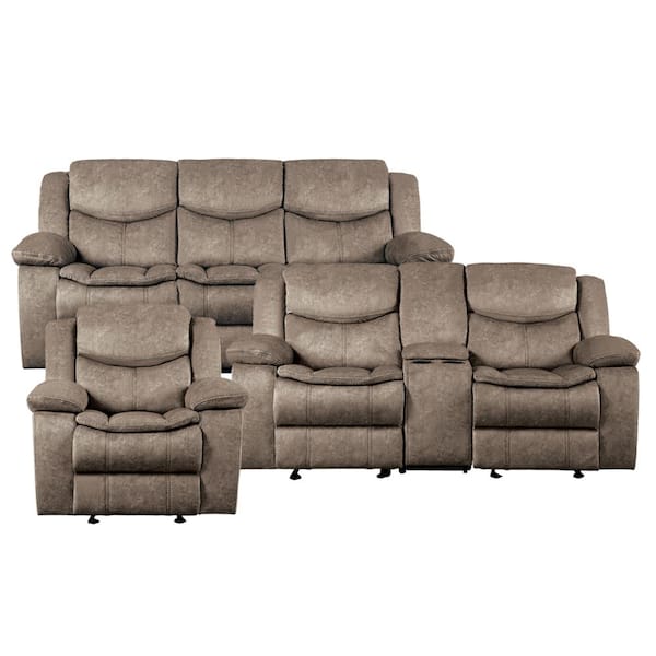 Lazzara Austin 87.5 in. W Pillow Top Arm Microfiber Rectangle Manual Reclining Sofa Set in Brown, 3-Piece