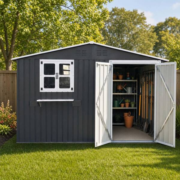 10 ft. W x 8 ft. D Outdoor Metal Storage Shed with Window & Flower Rack, Lockable Double Doors Tool Shed for Backyard