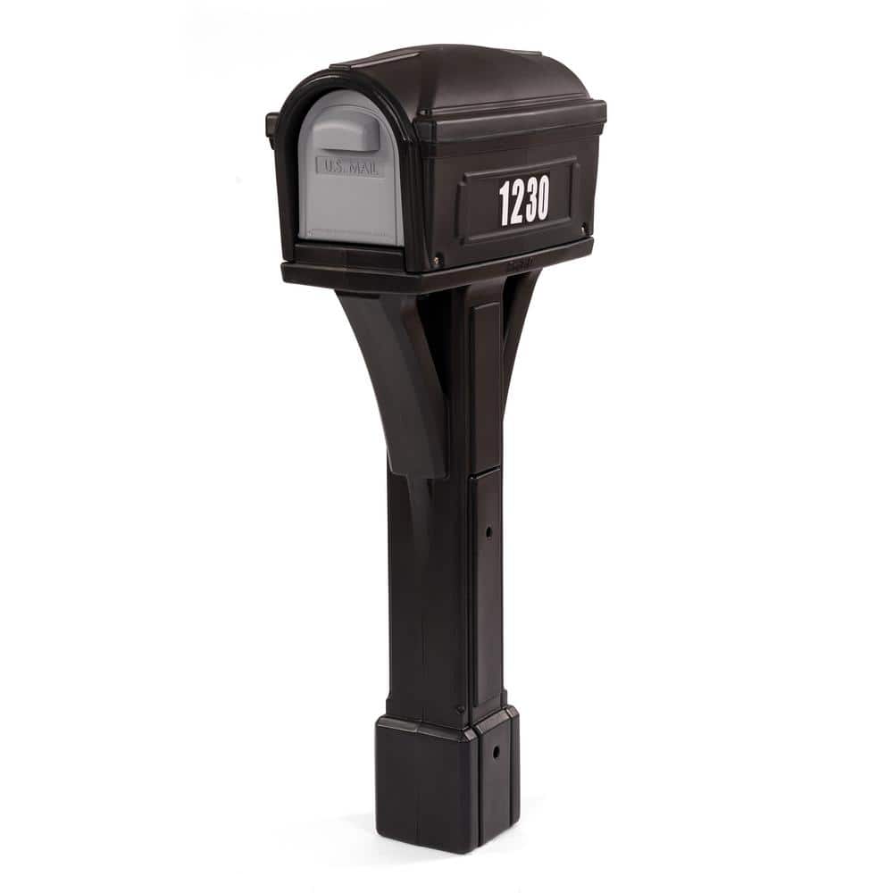 Classic Black Plastic Post Mounted Mailbox with Dual Access Doors