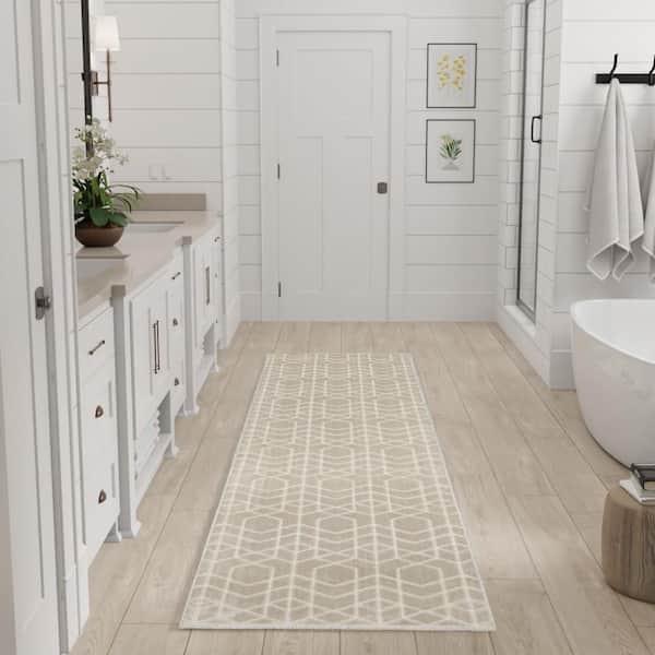 Washable Charm Silver Ivory 2 ft. x 10 ft. Geometric Contemporary Runner Area Rug