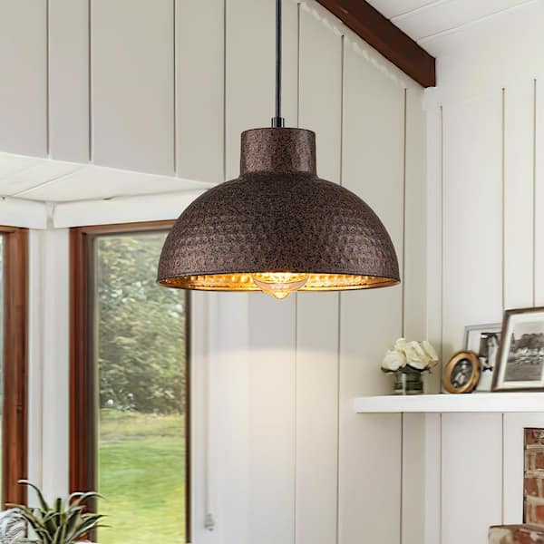 1-Light Industrial Copper Hanging Pendant Light with Hammered Dome Shade