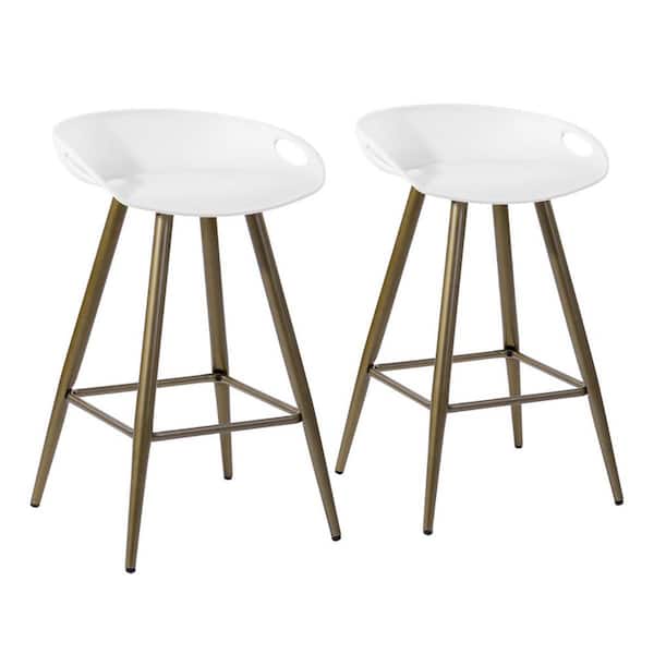 HomeRoots 24.4 in. White Low Back Metal Counter Height Bar Chair with Plastic Seat Set of 2