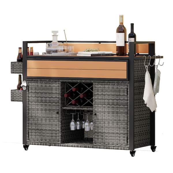Grey Poly-Wood Top 52.8 in. Kitchen Island with Drop Leaf Design, Locking Wheels, Wine Rack, Spice Racks, and Storage
