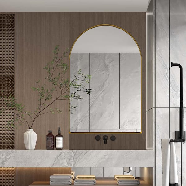Cesicia 24 in. W x 36 in. H Arched Recessed Matte Gold Metal Medicine Cabinet with Mirror and Adjustable Shelves