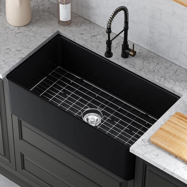 Matte Black Fireclay 33 in. Single Bowl Farmhouse Apron Workstation Kitchen  Sink with Bottom Grid and Strainer