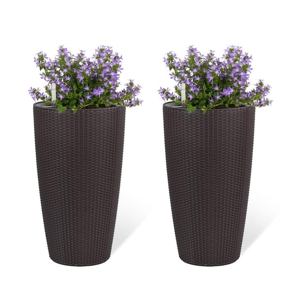 Brown 2-Pack Plastic 22 in. H Faux Rattan Tall Planters, Self-Watering Plant Pots with Water Level Monitor Inner Bucket
