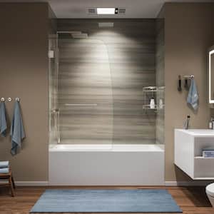 34 in. W x 58 in. H Pivot Frameless Hinged Tub Door in Brushed Nickel with 5/16 in. (8mm) Clear Glass