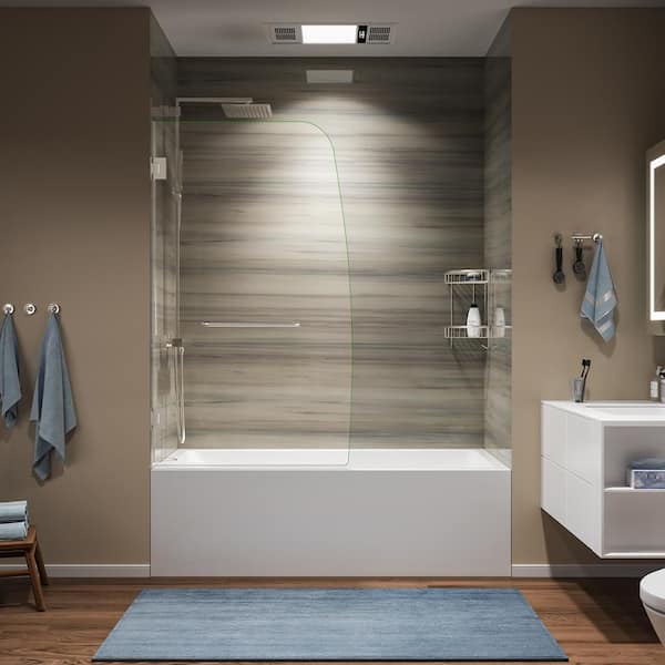 Lonni 34 in. W x 58 in. H Pivot Frameless Hinged Tub Door in Brushed Nickel with 5/16 in. (8mm) Clear Glass