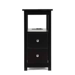 11.81 in. Black Rectangle Wood End Table with Charging Station 2-Drawer and Shelf