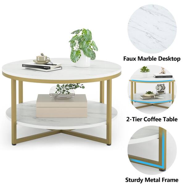 Byblight Allan 35 4 In Faux Marble Tabletop Round Coffee Table With Gold Metal Legs Open Storage Shelf Bb M0181dt Faux Marble Tabletop Round Coffee Table, Ikea Coffee Table With Storage White And Gold