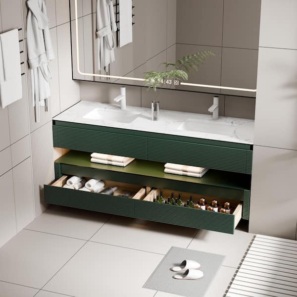 Wilton 60 in. W x 20.8in. D x 19.6 in. H Floating Bathroom Vanity Set in Green with White Double Undermount Basins
