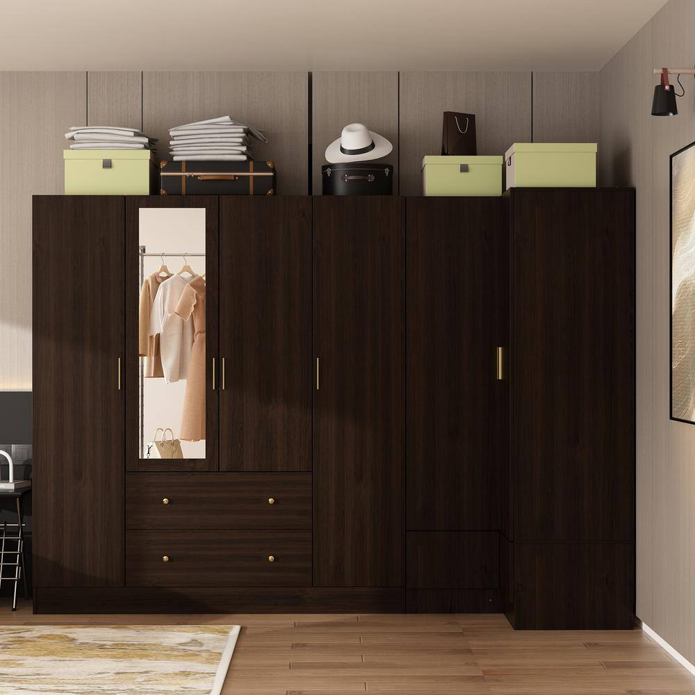 Closed dark brown 6-door corner wardrobe with a central mirror.