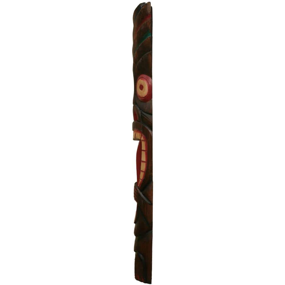 Hand-Carved 40" Tall Brown and Red Wooden Tiki Mask