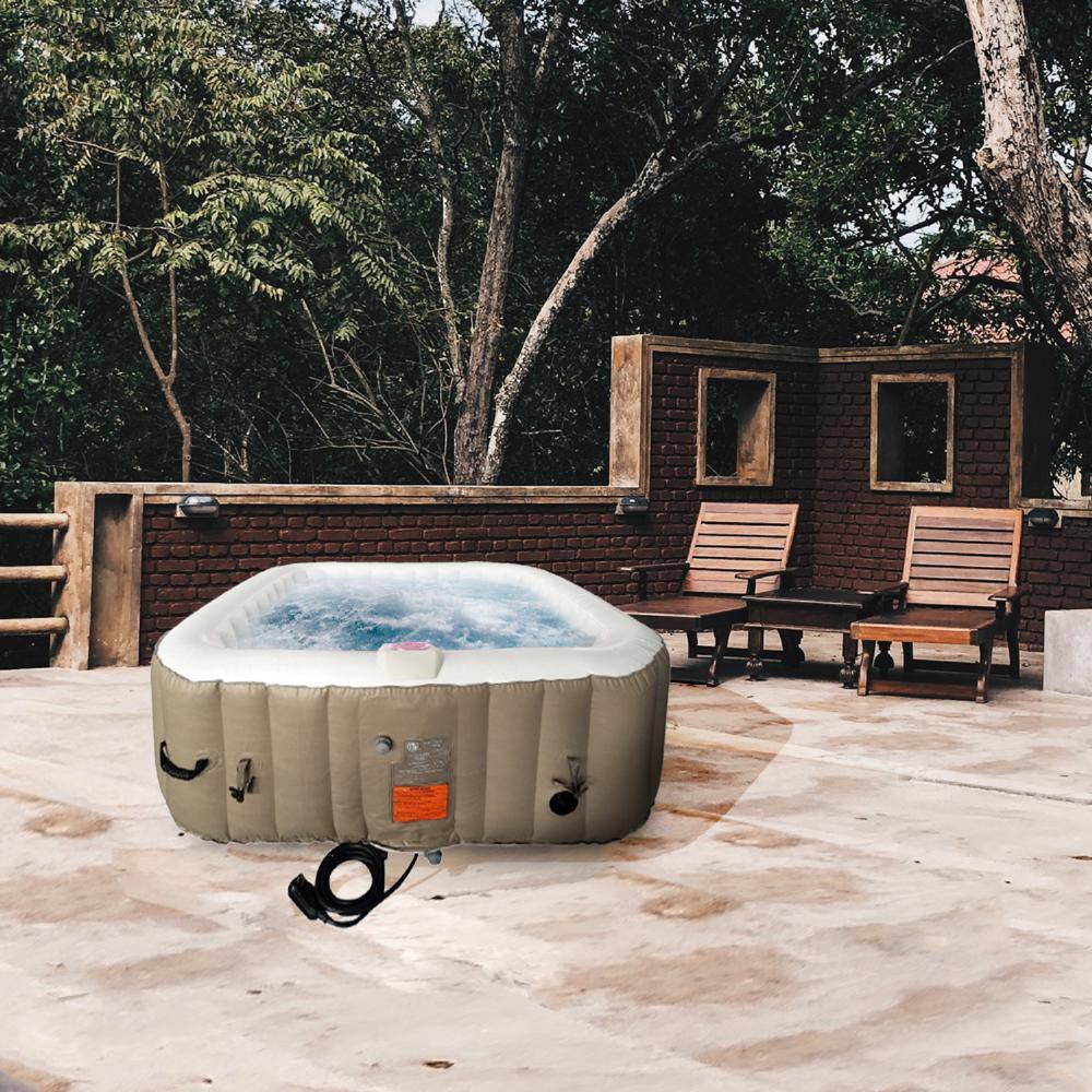 Brown and White 6-Person Square Inflatable Hot Tub Spa with Cover