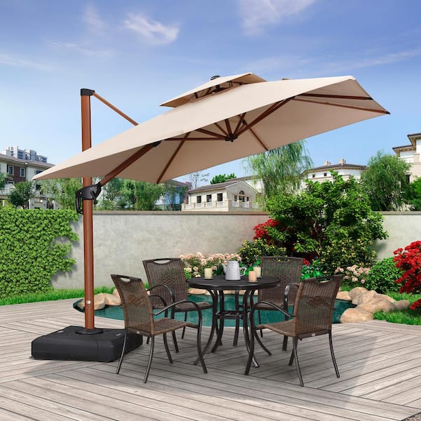 PURPLE LEAF 9 ft. Square High-Quality Wood Pattern Aluminum Cantilever Polyester Patio Umbrella with Base, Beige