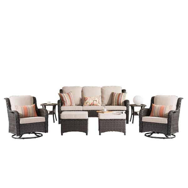 Moonlight Brown 7-Piece Wicker Patio Conversation Seating Sofa Set with Beige Cushions and Swivel Rocking Chairs