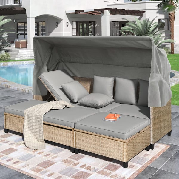 Zeus & Ruta 4-Piece UV-Proof Resin Brown Wicker Patio Conversation Set with Retractable Canopy, Gray Cushions and Lifting Table
