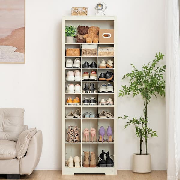71 in. H x 24.4 in. W Rustic White 33-Pairs Tall Shoe Storage Cabinet, 11-Tier Shoe Rack for Entryway