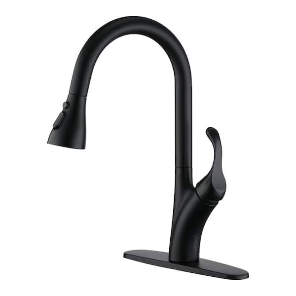 3-Spray Patterns Stainless Steel Single Handle Pull Down Sprayer Kitchen Faucet with Deck Plate in Matte Black
