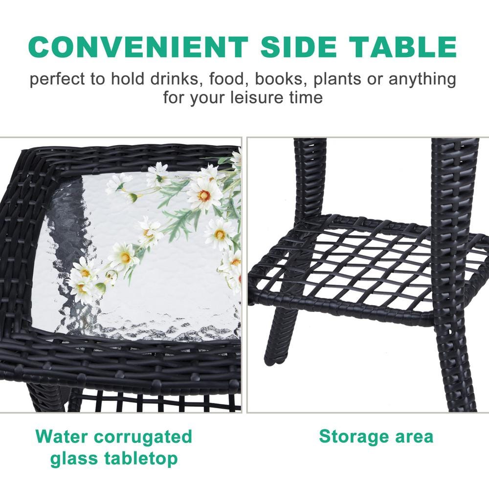 Black Wicker Outdoor End Table with Glass Top and Storage