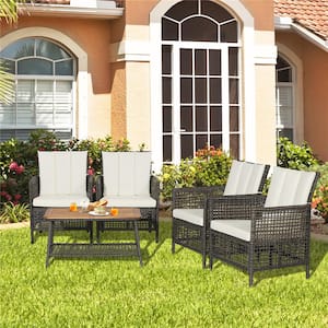 5-Piece Patio Rattan Furniture Set Cushioned Sofa Armrest Wooden Tabletop in Off White