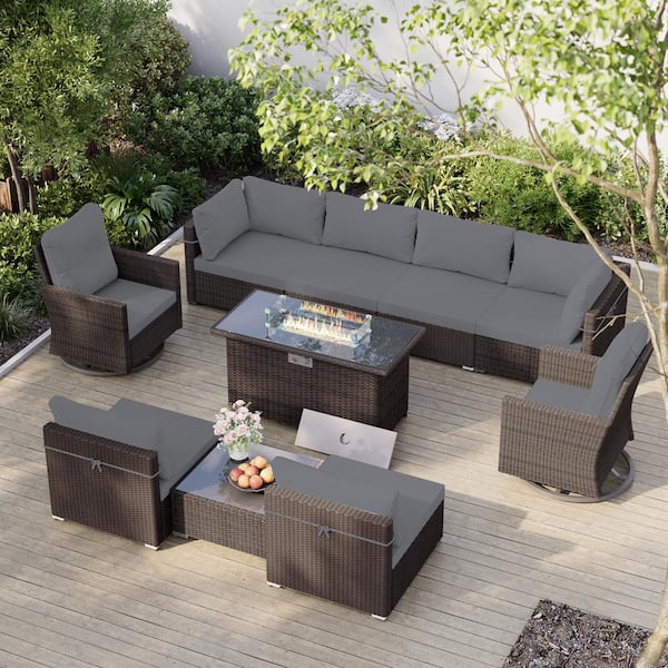 UPHA 10-Piece Brown Wicker Patio Fire Pit Conversation Set with Swivel Chairs, Gray Cushions