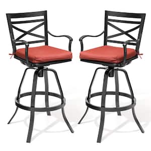Swivel Cast Aluminum Outdoor Bar Stool with Red Cushion (2-Pack)
