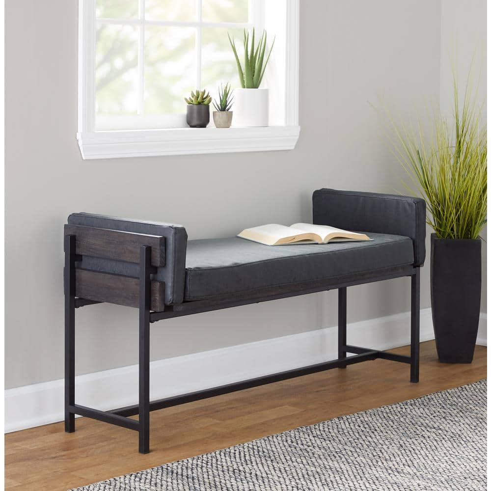 Lumisource Kari Black Faux Leather, Grey Wood and Black Metal 45.25 in. Bedroom Bench