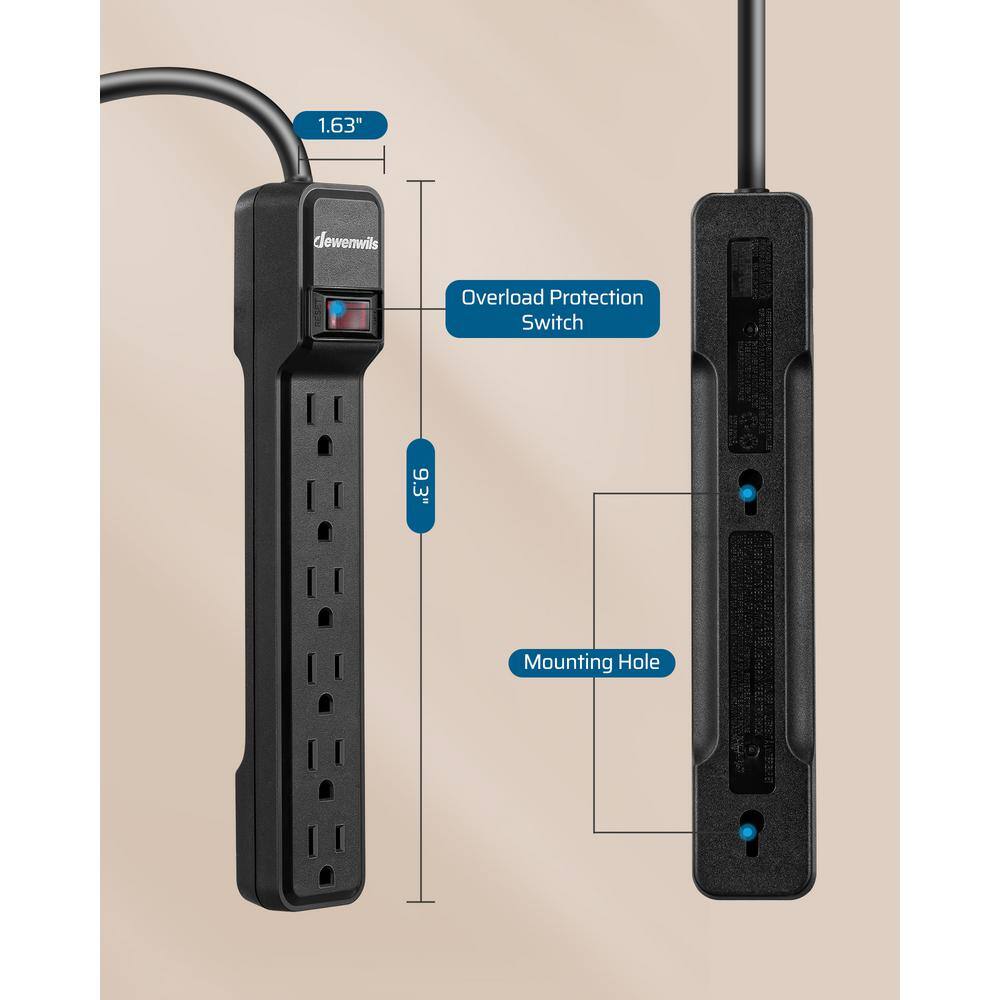 Black 15 ft 6-Outlet Power Strip Surge Protector, 2-Pack