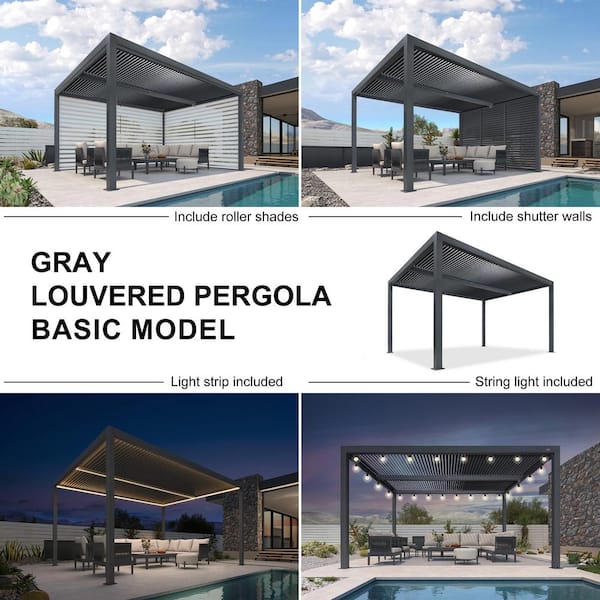 11 ft. x 14 ft. Gray Aluminum Frame Outdoor Hardtop Louvered Pergola with Adjustable Sunshade Roof and In-Built Gutter