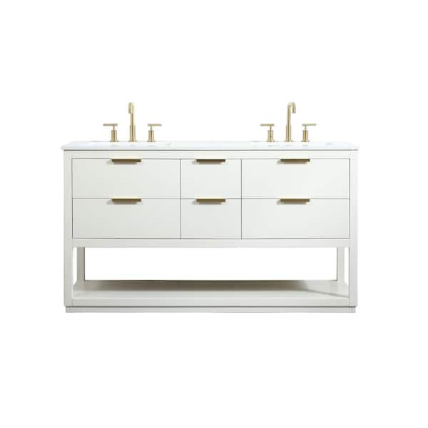 Unbranded Simply Living 60 in. W x 22 in. D x 34 in. H Bath Vanity in White with Calacatta White Engineered Marble Top