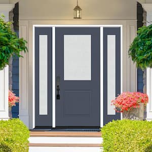 Legacy 64 in. W. x 80 in. 1/2 Lite Rain Glass RHIS Primed Dark Denim Finish Fiberglass Prehung Front Door Db 12 in. SL