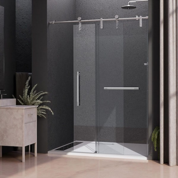 56-60 in. W x 76 in. H Sliding Frameless Glass Shower Door, Sliding Roller Shower Door, Stylish, Modern, Silver