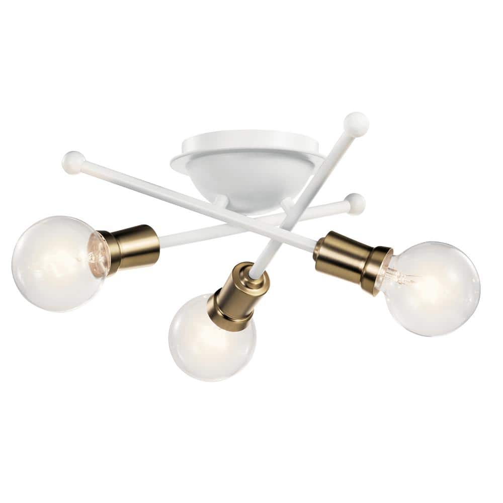 White and Brass 3-Light Modern Flush Mount Ceiling Fixture