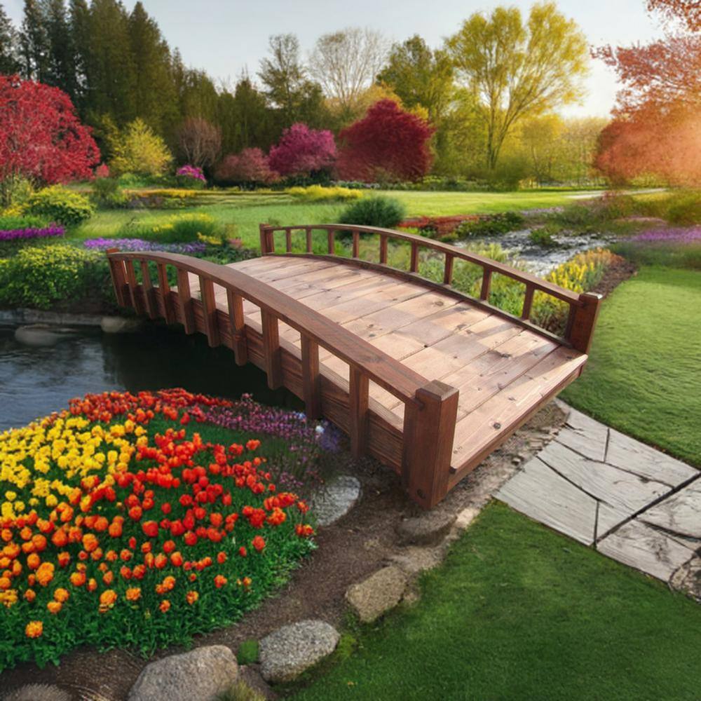 6-Foot Brown Arched Wooden Japanese Garden Bridge