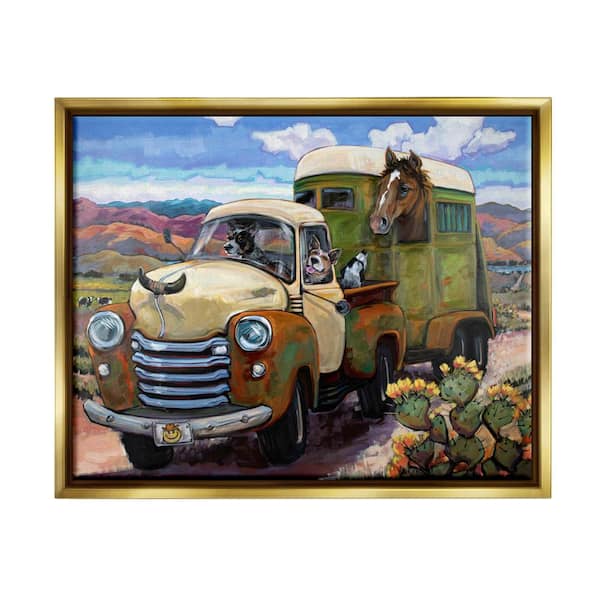 The Stupell Home Decor Collection Dogs Driving Vintage Rustic Truck with Horse Trolley by CR Townsend Floater Frame Animal Wall Art Print 21 in. x 17 in.