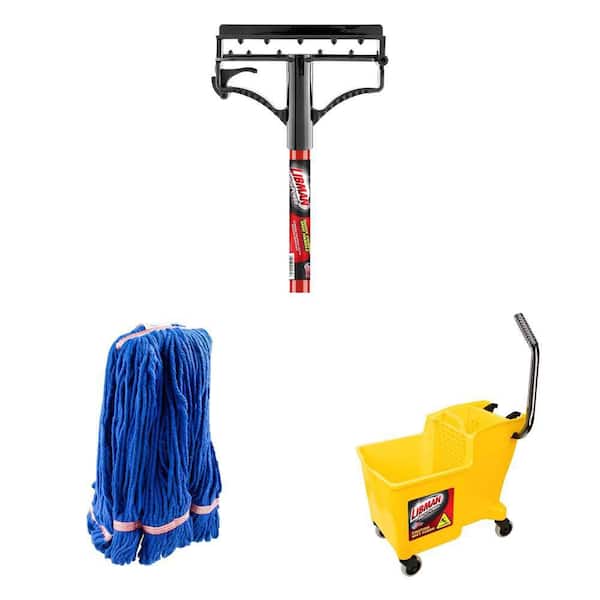 60 in. Steel Mop Handle, Resin Frame, Small String Mop Head (Blue) 12-Pack and Commercial Mop Bucket Combo