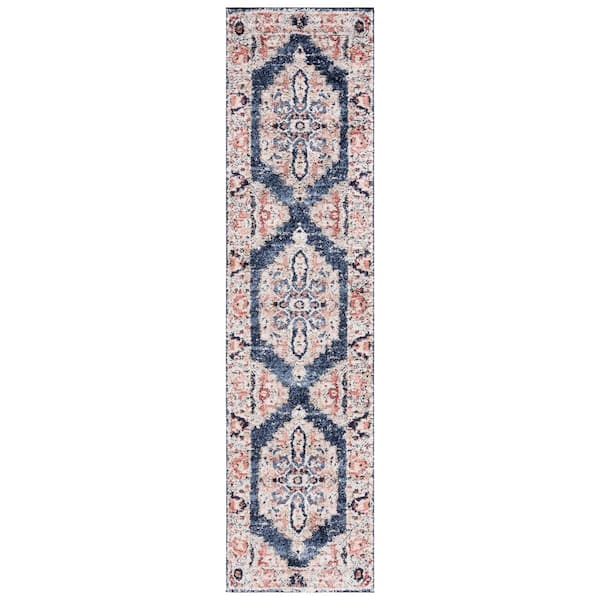 SAFAVIEH Luna Beige 2 ft. x 9 ft. Blue Distressed Ornate Runner Rug