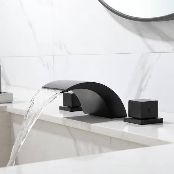 Narrow 3.94 in. W Spout Double Handles 8 in. Waterfall Widespread Bathroom Faucet in Matte Black