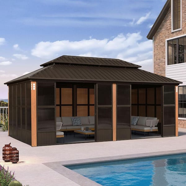 12 ft. x 20 ft. Sunroom Hardtop Gazebo Solarium Galvanized Steel Double Roof Aluminum Screen House Patio Backyard Bronze