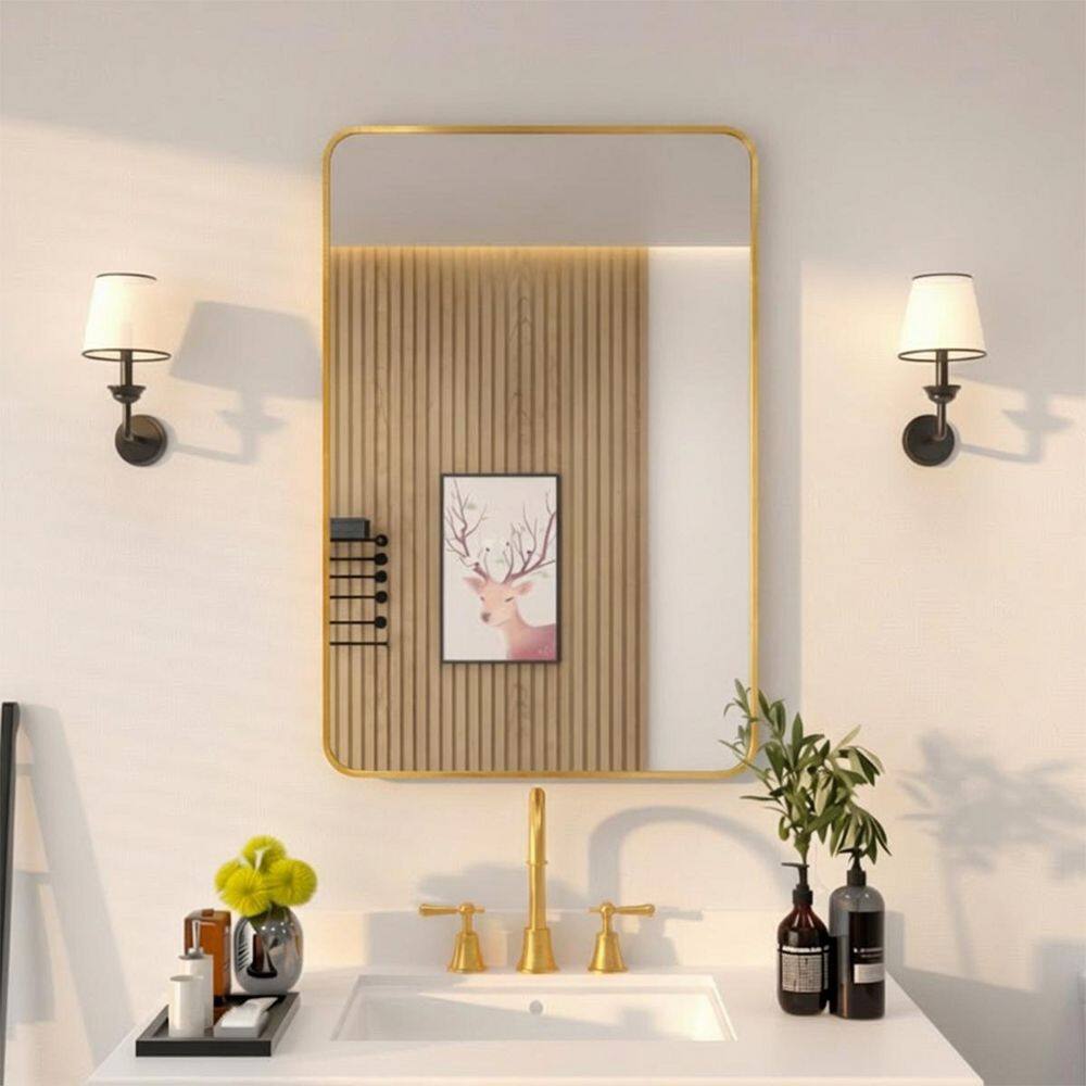 Niveal 24 in. W x 36 in. H Rectangular Framed Wall Bathroom Vanity Mirror in Brass