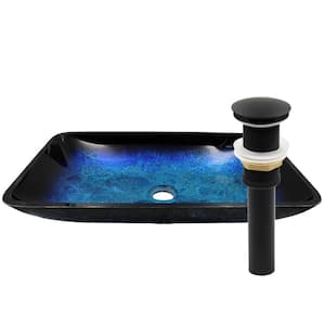 Fresca Glass Vessel Sink in Blue and Black with Pop-Up Drain in Matte Black