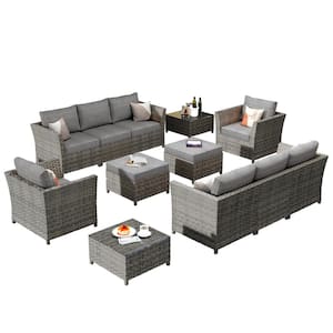 Vesta Gray 12-Piece Wicker Outdoor Patio Conversation Sectional Sofa Set with Dark Gray Cushions