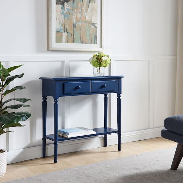 Leick Home Coastal 30 in. W x 28 in. H x 11 in. D Navy Blue Turned Leg Rectangle Wood Hall Console Table with Drawer and Shelf