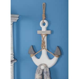 12 in. x  23 in. Wooden White Anchor Wall Decor with Hanging Rope