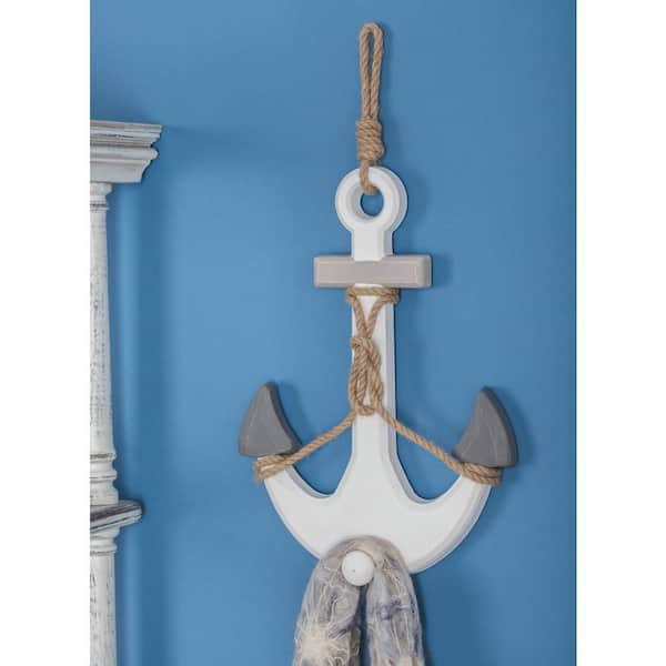 12 in. x 23 in. Wooden White Anchor Wall Decor with Hanging Rope