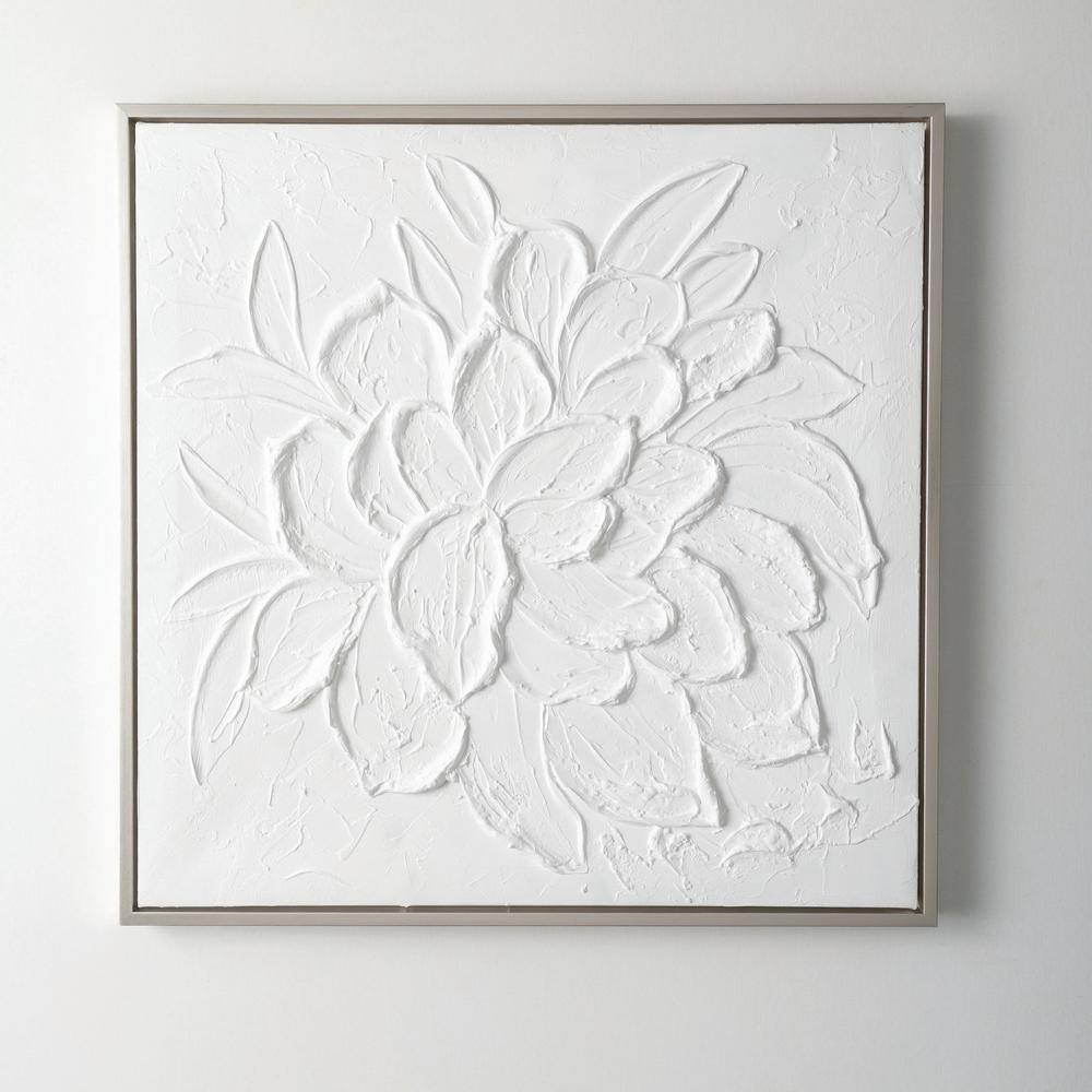 Embossed White Flower Canvas Wall Art with Silver Frame, 27.5"
