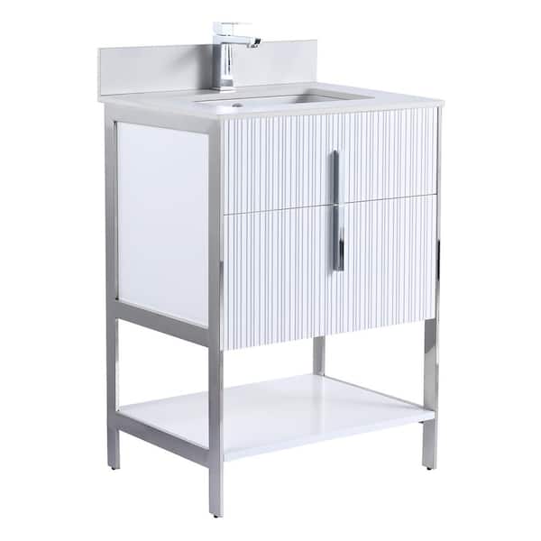 24 in. W x 18 in. D x 33.5 in. H White Bath Vanity with White Sintered Stone Top with Chrome Hardware