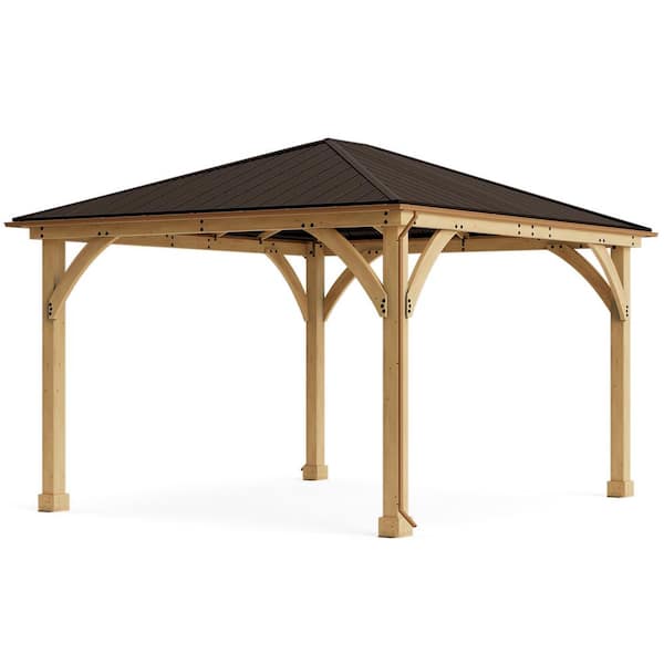 Yardistry Meridian 12 ft. x 14 ft. Outdoor Patio Shade Gazebo with Coffee Brown Aluminum Roof and Rain Gutter Kit Included